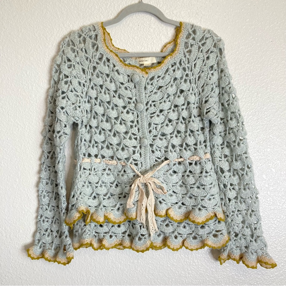 Anthropologie Sleeping on Snow Ruffle Hem Crochet Alpaca Cardigan L